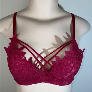 Strappy Floral Red Lace Harness Push Up Cage Bra